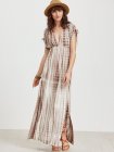 Coffee Tie Dye Print Double V Neck High Waist Dress