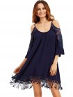 Navy Open Shoulder Crochet Lace Sleeve Tassel Dress