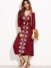 Burgundy Drawstring Waist Embroidered Peasant Dress