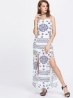 Blue Vintage Print Spaghetti Strap Slit Halter Dress