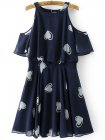 Navy Heart Print Open Shoulder Ruffle Trim Dress