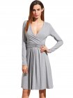 Grey V Neck Long Sleeve Ruched Dress