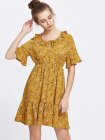 Yellow Floral Print Bell Sleeve Frill Hem Dress