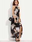 Black Flower Print Halter Neck Slit Chiffon Dress