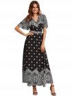 Black Print V Neck Half Sleeve Split Dress