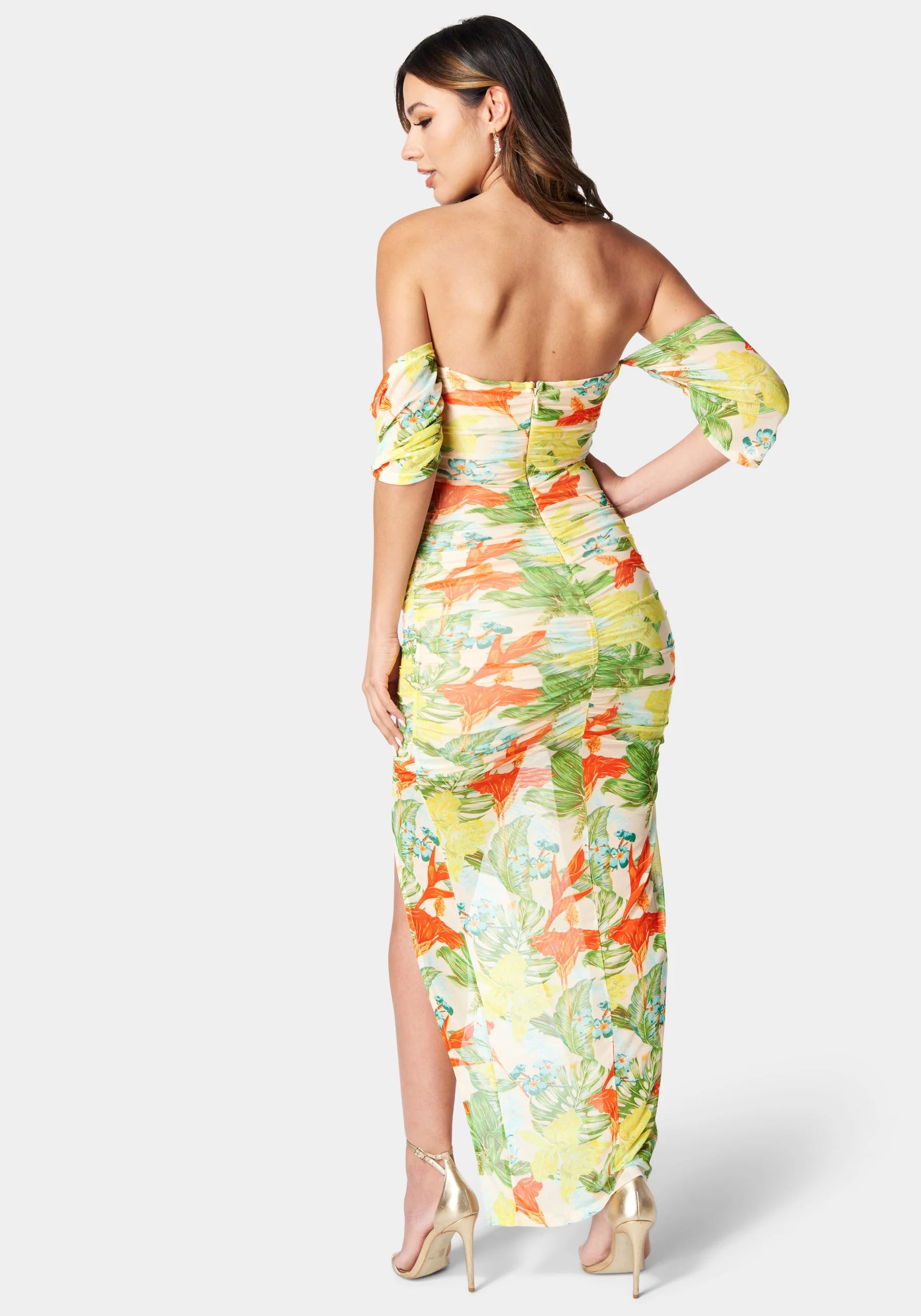 Printed Off Shoulder Mesh Dress