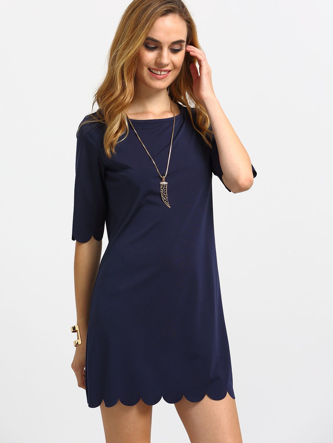 Navy Scalloped Hem Shift Dress