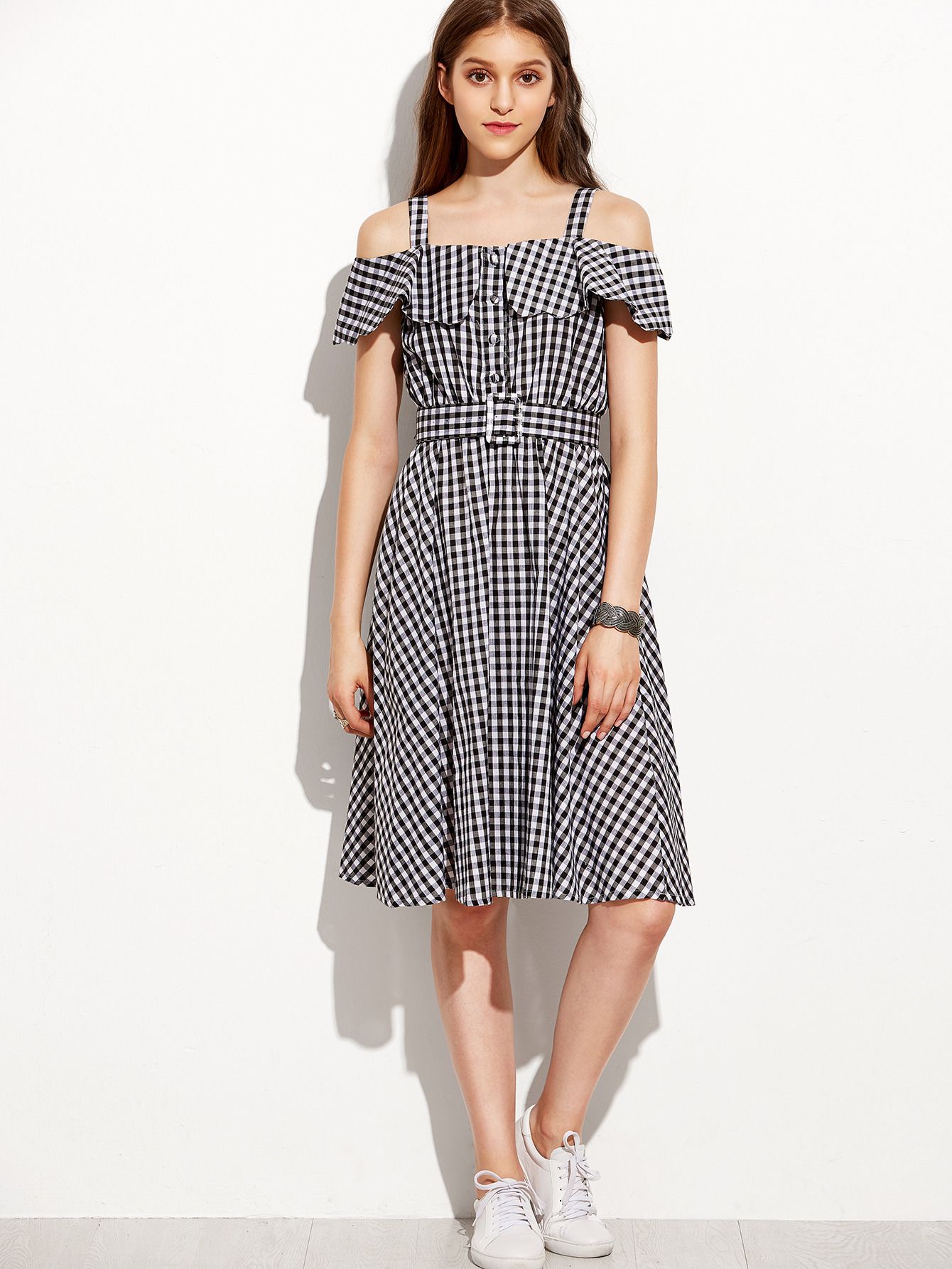 Black Checkerboard Fold Over Cold Shoulder Dress