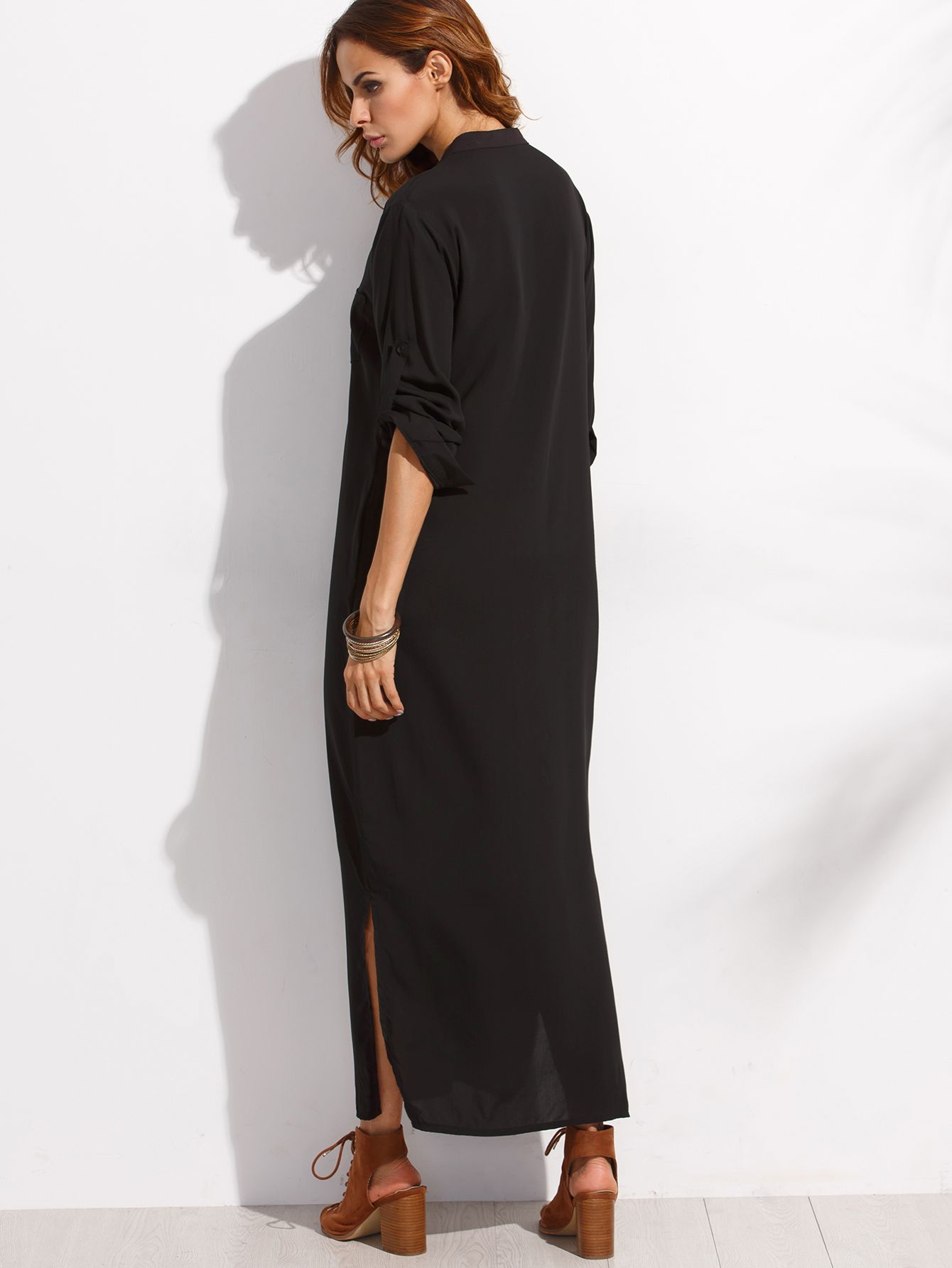 Black Button Front Roll Sleeve Maxi Shirt Dress