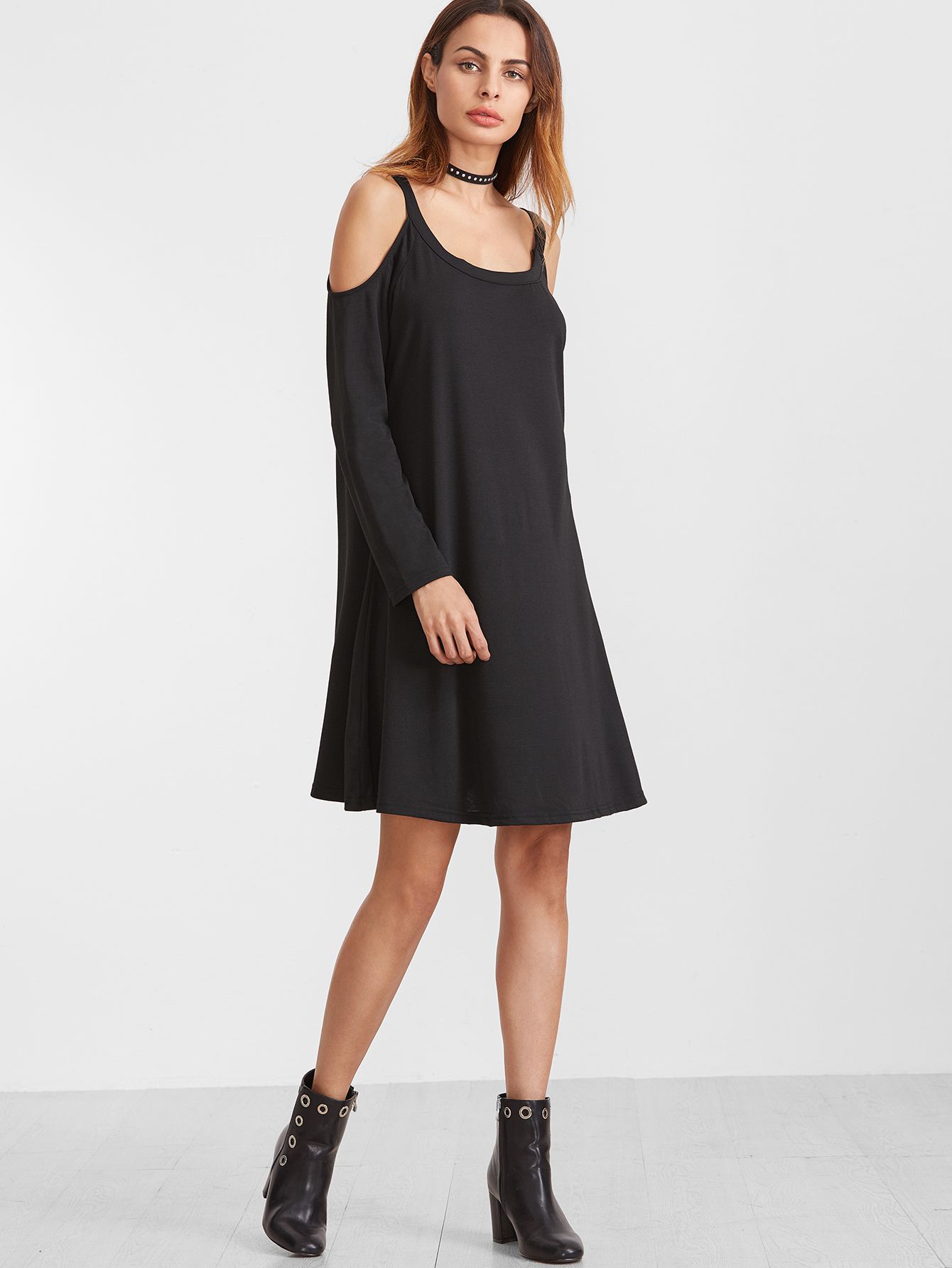 Black Cold Shoulder Dip Hem Shift Dress