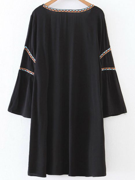 Black Embroidery V Neck Tassel Tie Dress