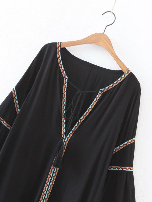 Black Embroidery V Neck Tassel Tie Dress