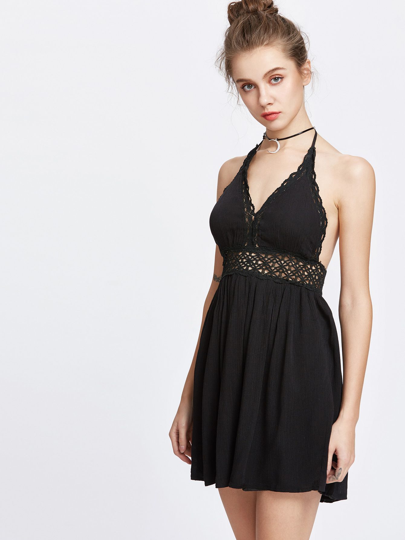 Halter Hollow Out Lace Crochet Backless Dress