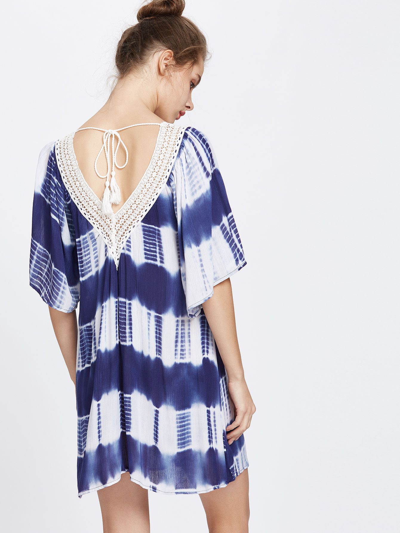 Tie Dye V Neck Contrast Lace Dress