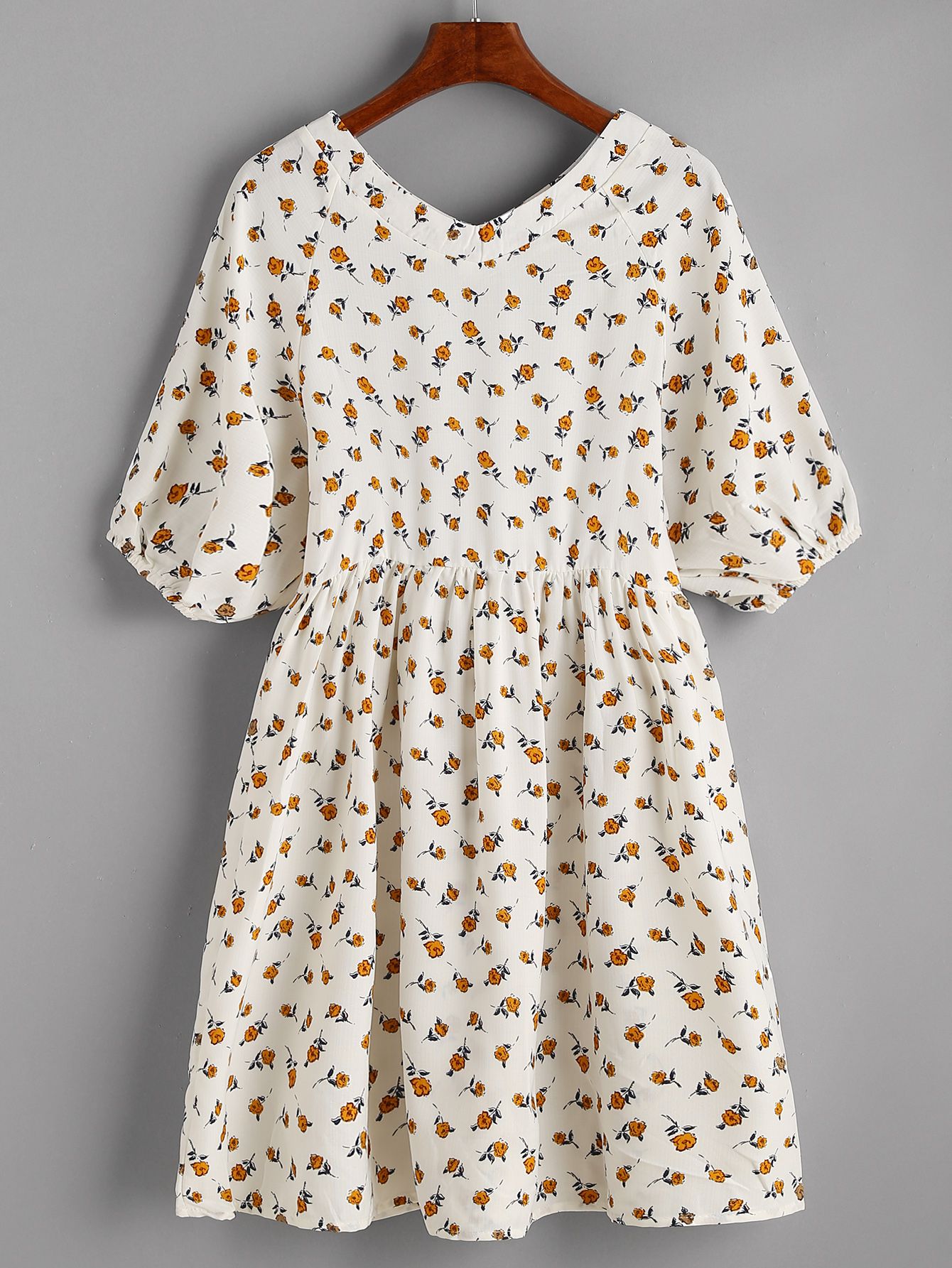 Beige Floral Print V Neck Lantern Sleeve Dress