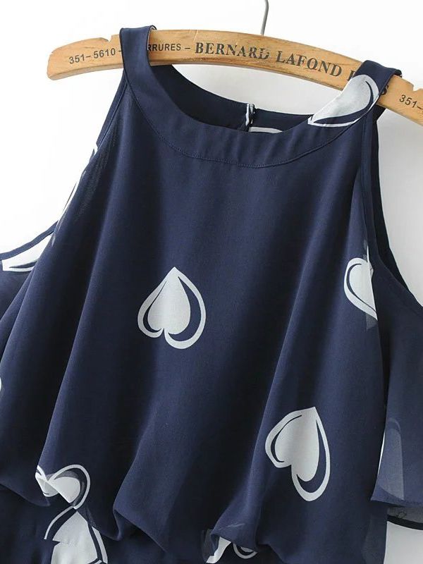 Navy Heart Print Open Shoulder Ruffle Trim Dress