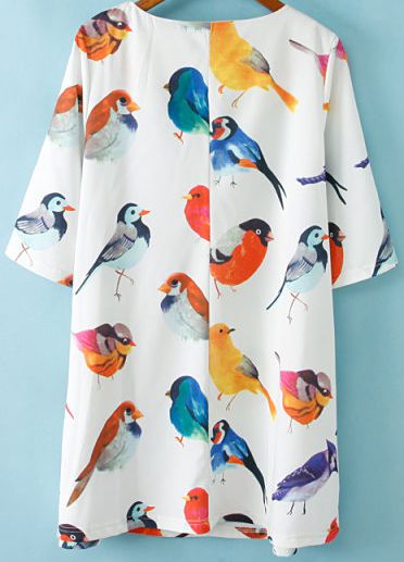 White Half Sleeve Birds pattern Random Loose Dress