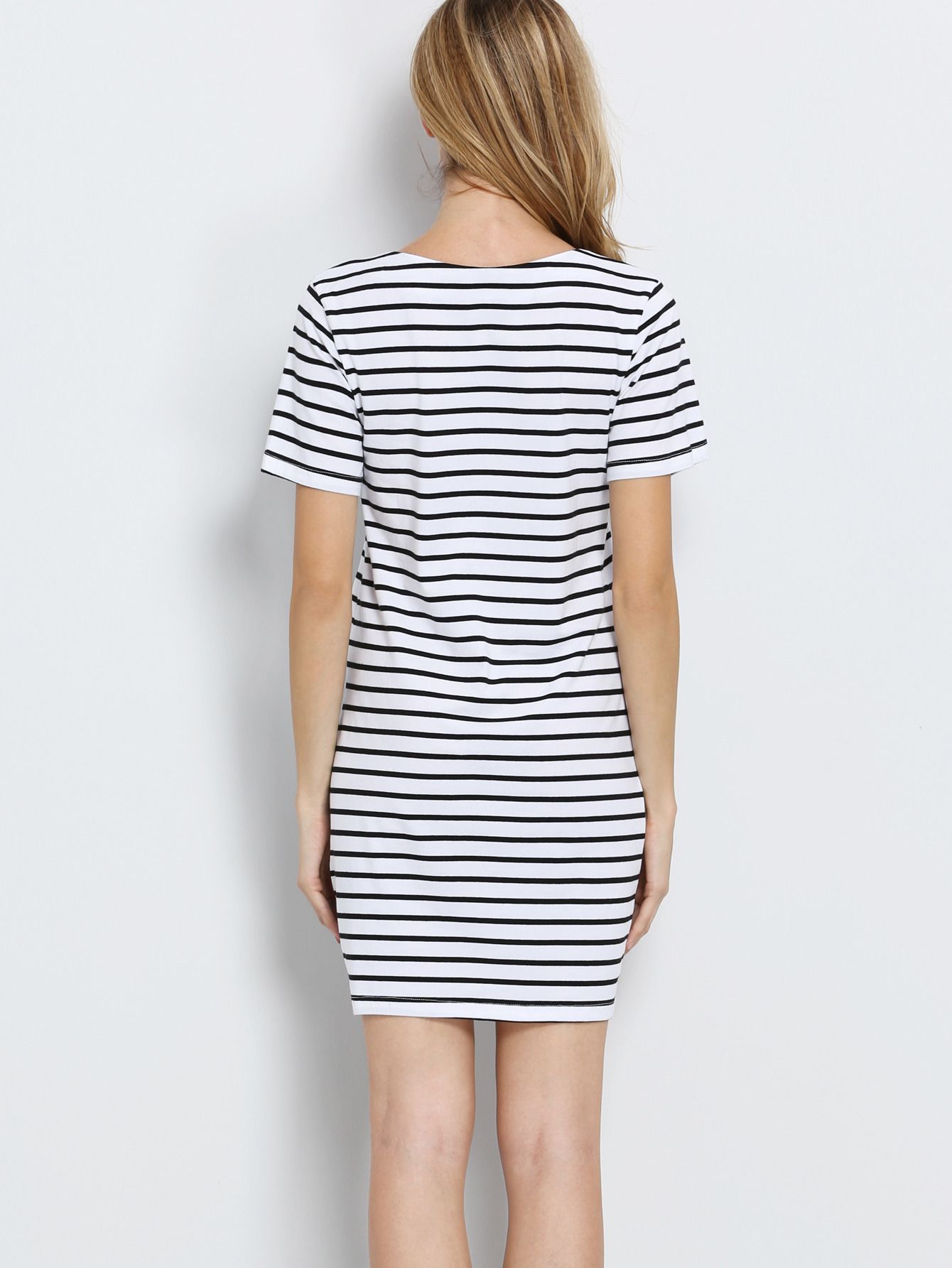 Black White Striped Short Sleeve Straight Dress