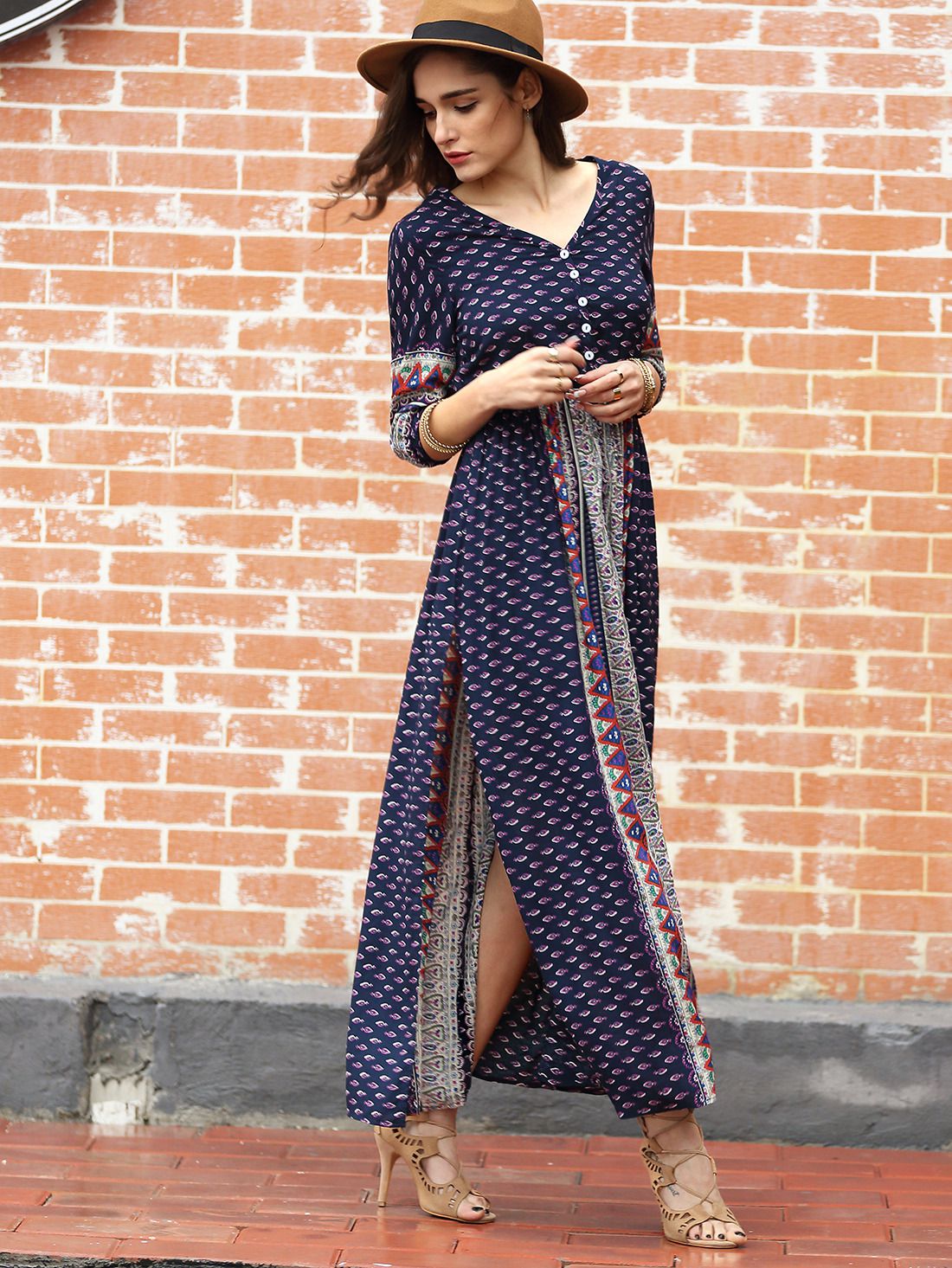 Navy Half Sleeve Vintage Print Split Maxi Dress