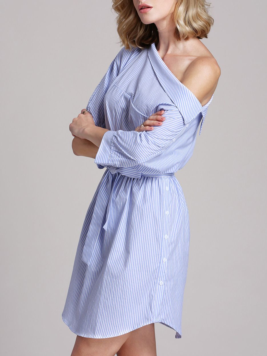 Blue Half Sleeve Off The Shoulder Striped Dress