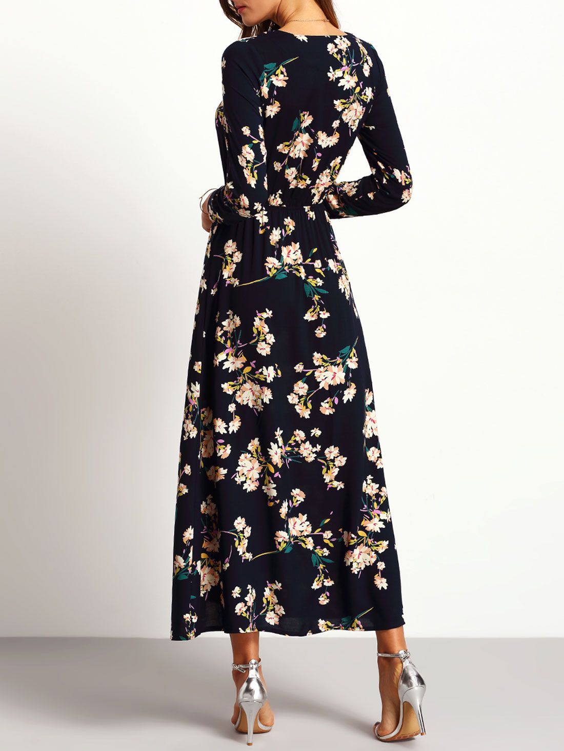 Navy Long Sleeve Floral Maxi Dress