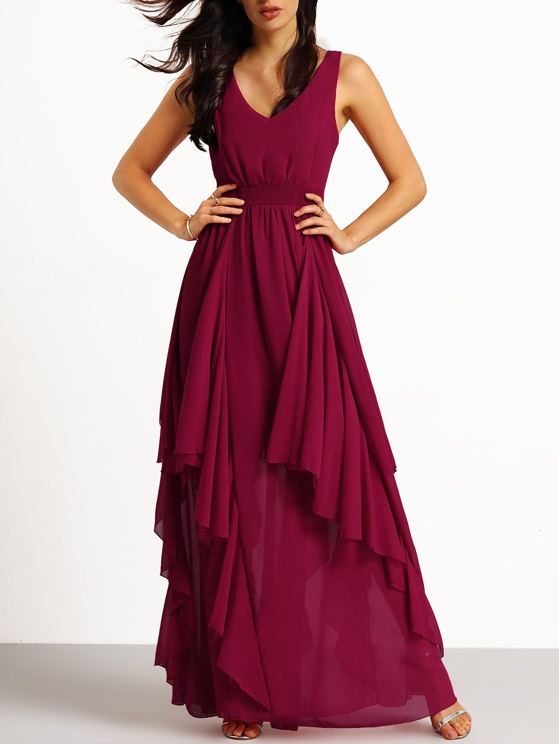 Burgundy Deep V Neck Maxi Chiffon Dress