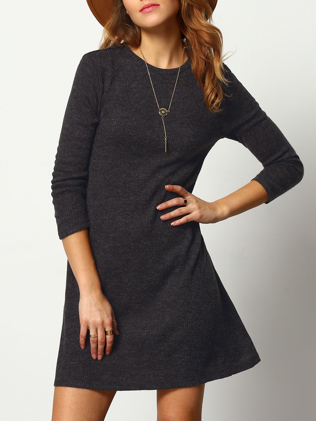 Dark Grey Crew Neck Casual Sweater Dress