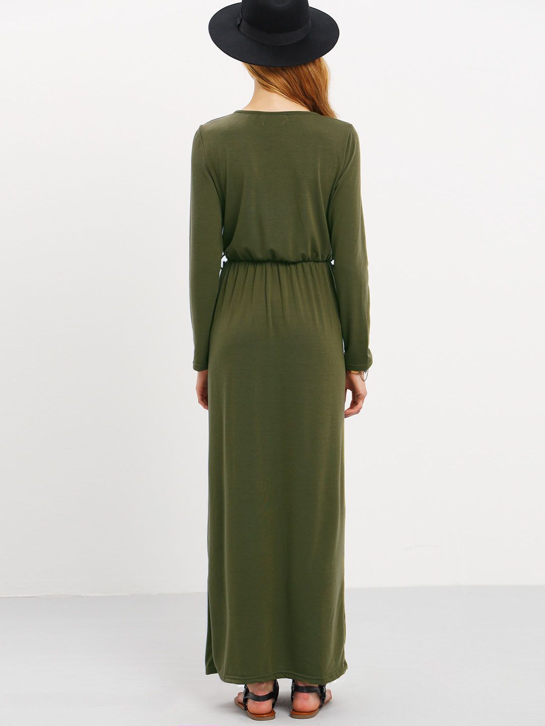 Army Green Long Sleeve Pockets Maxi Dress