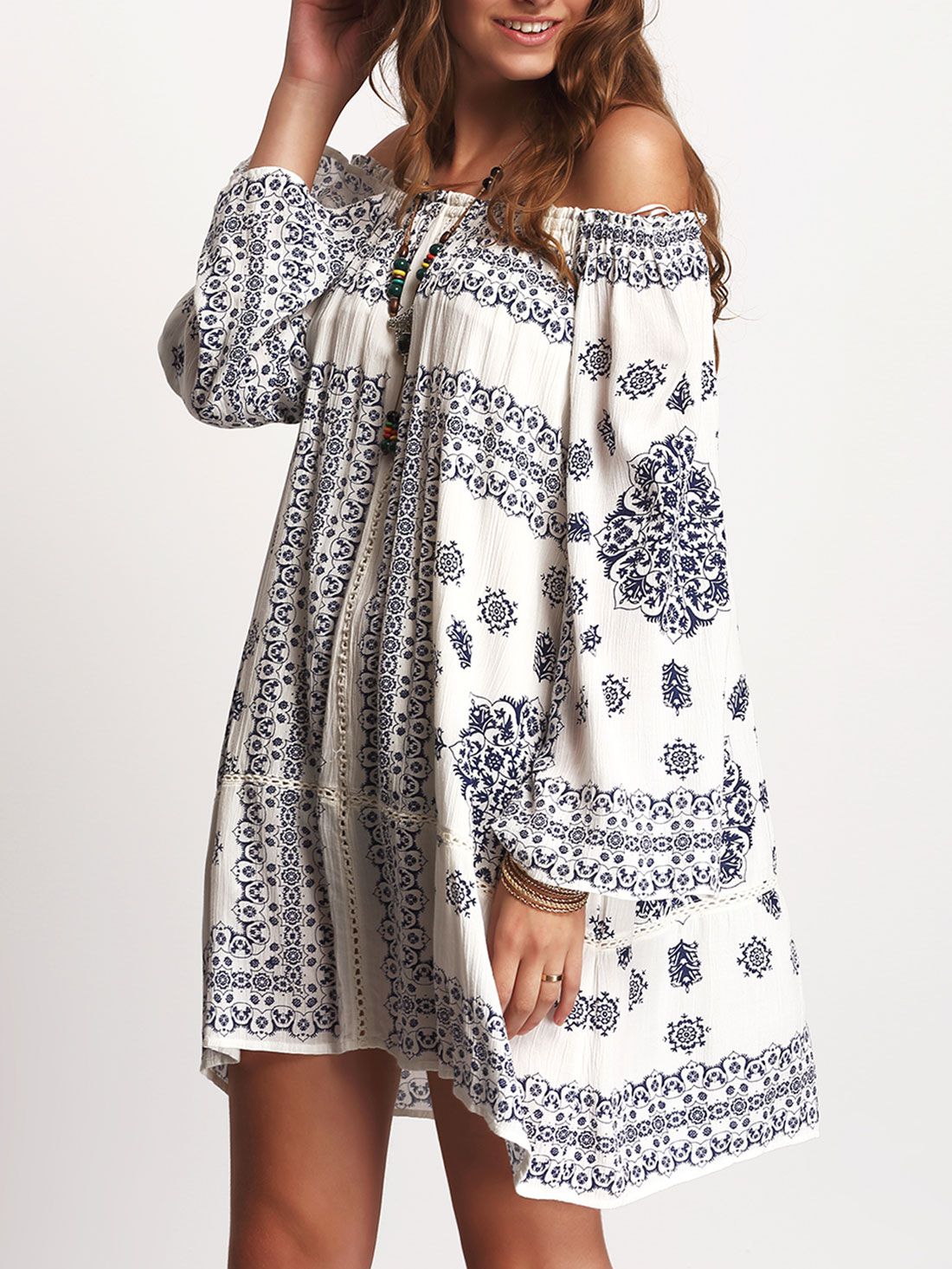 Blue Print Off Shoulder Crochet Insert Dress