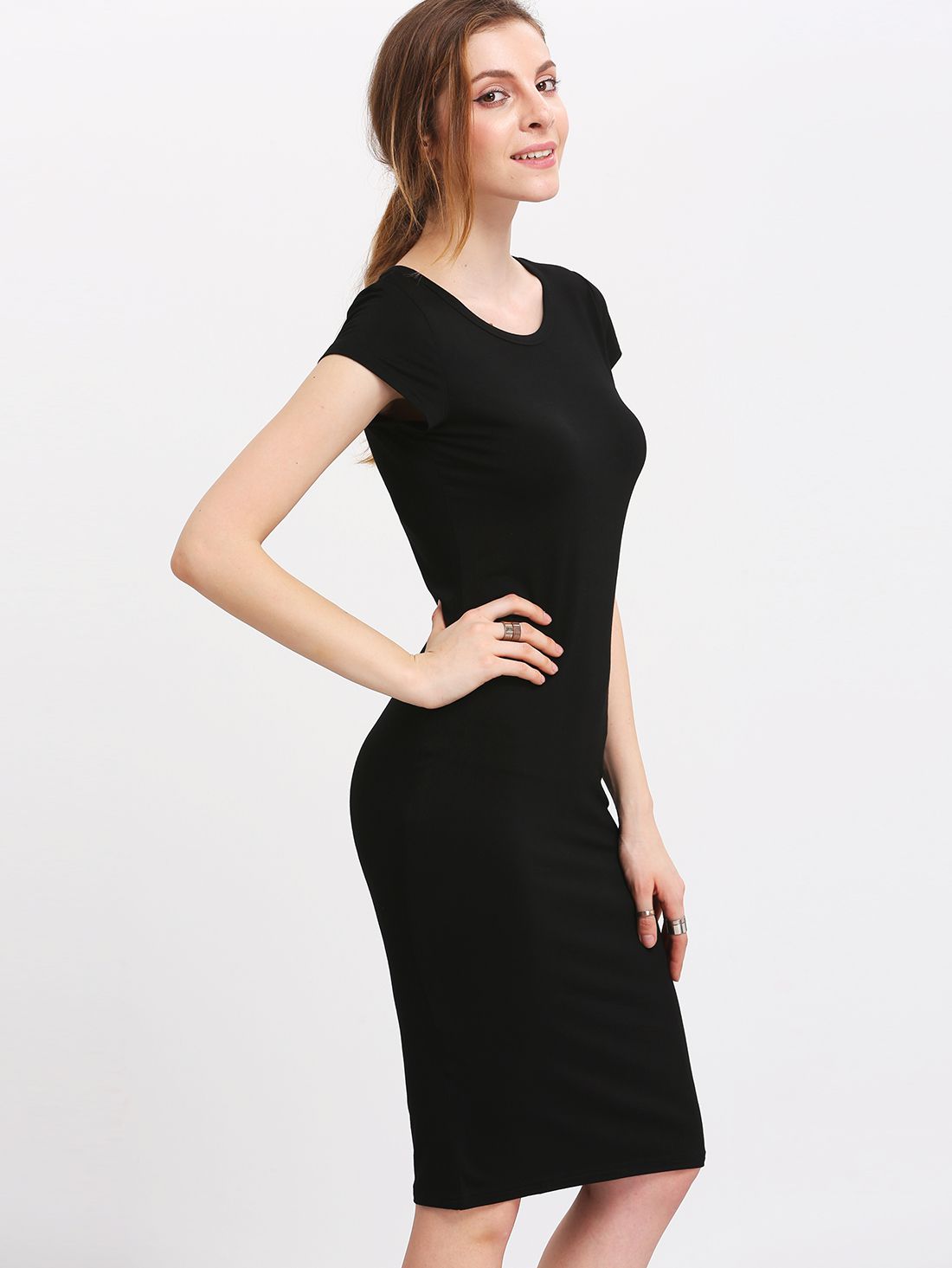 Black Crew Neck Slim Sheath Dress