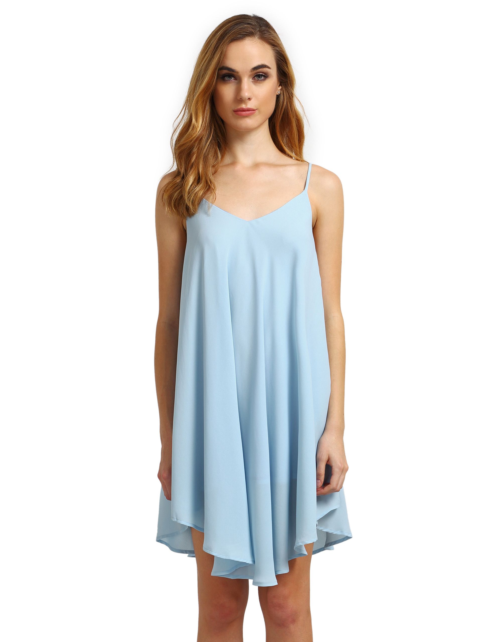 Light Blue Spaghetti Strap Asymmetrical Shift Dress Sundresses