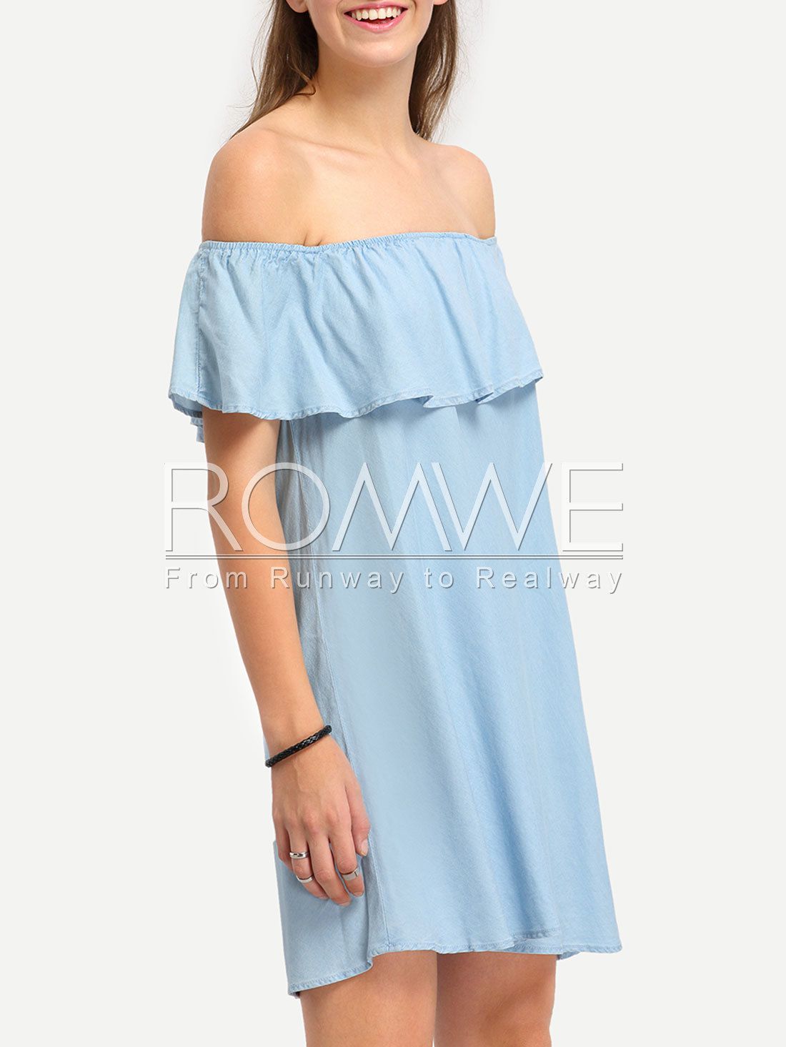 Light Blue Denim Off The Shoulder Ruffle Shift Dress