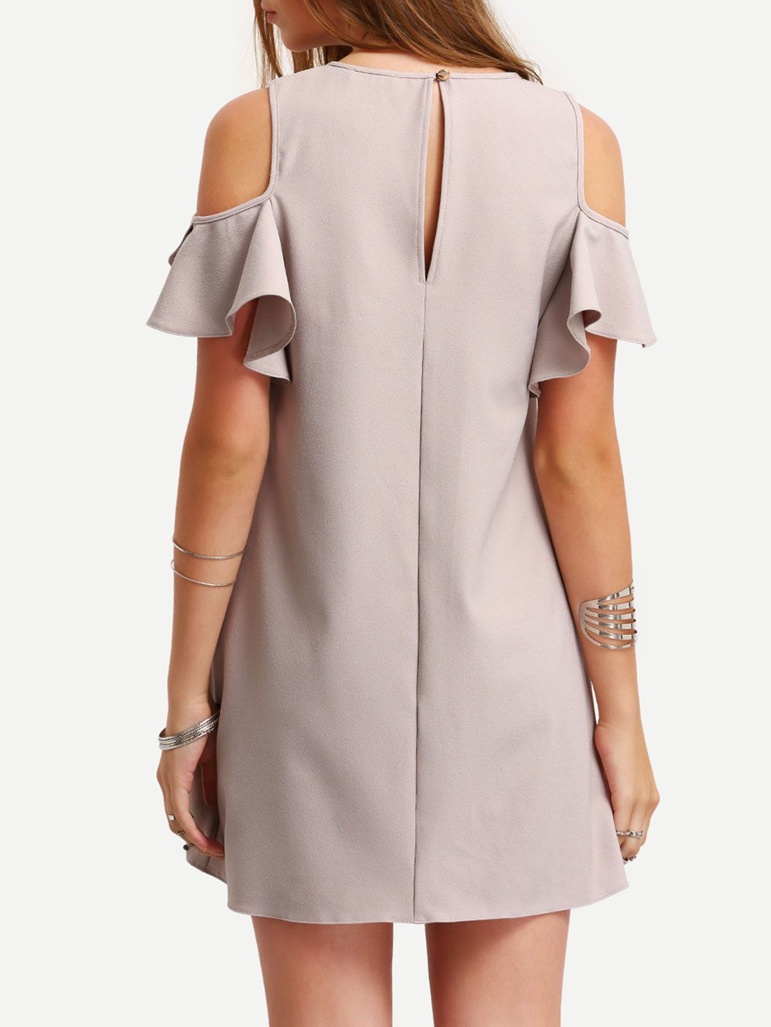 Nude Cold Shoulder Ruffle Sleeves Shift Dress