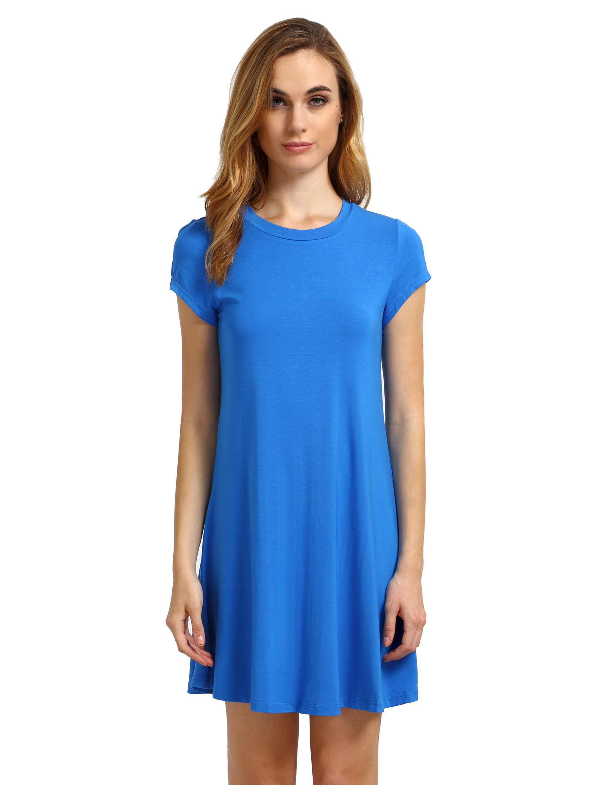 Blue Short Sleeve Shirt Cut Swing Dress