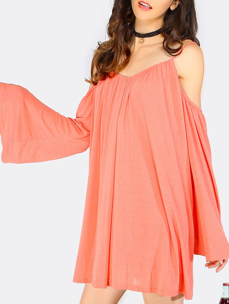 Pink Cold Shoulder Long Sleeve Shift Dress