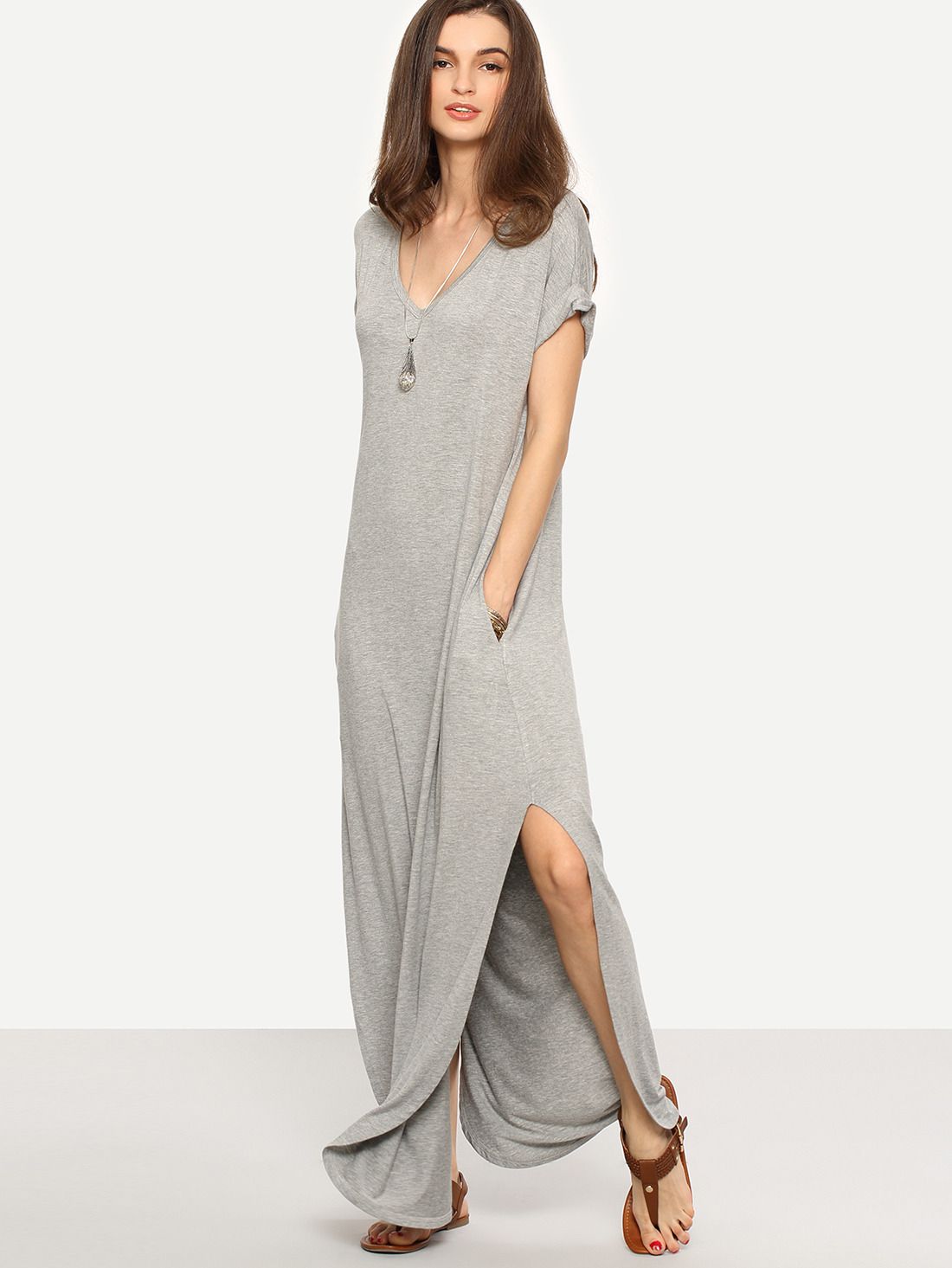 Grey Rolled-cuff Pockets Split Maxi Dress