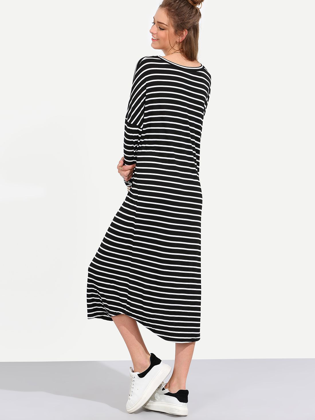 Black White Stripe Long Sleeve Shift Midi Dress