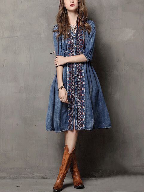 Buttoned Front Embroidered Denim Dress - Blue