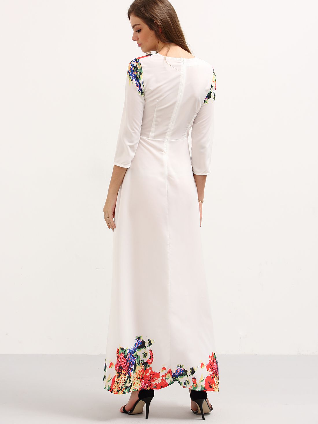 3/4 Sleeve Flower Print Long Dress - White