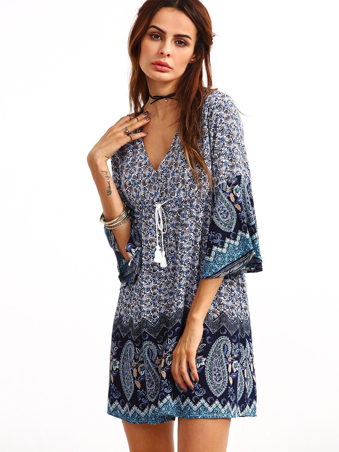 Double V-Neck Bell Sleeve Multicolor Paisley Print Dress