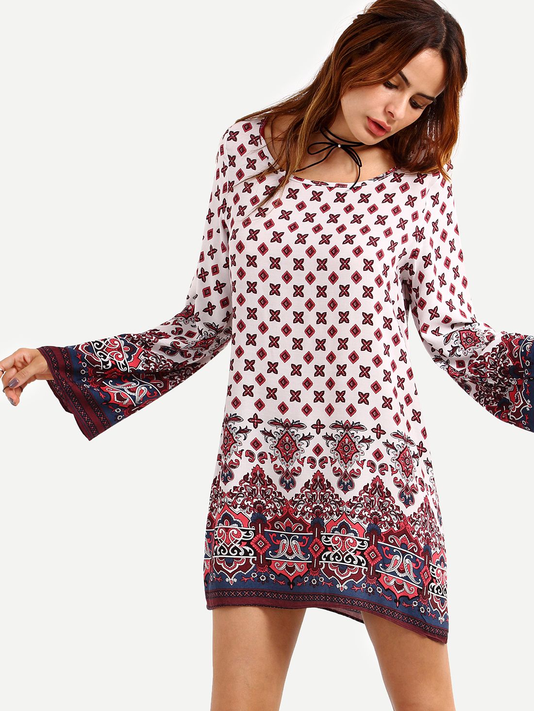 Paisley Print Bell Sleeve Dress - White