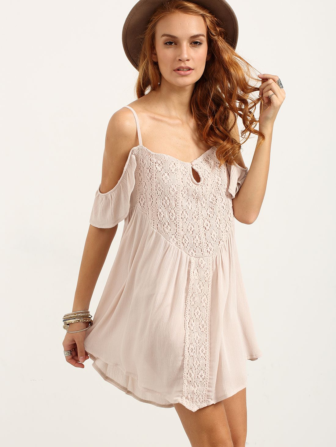 Cold Shoulder Lace Overlay Swing Dress - Apricot