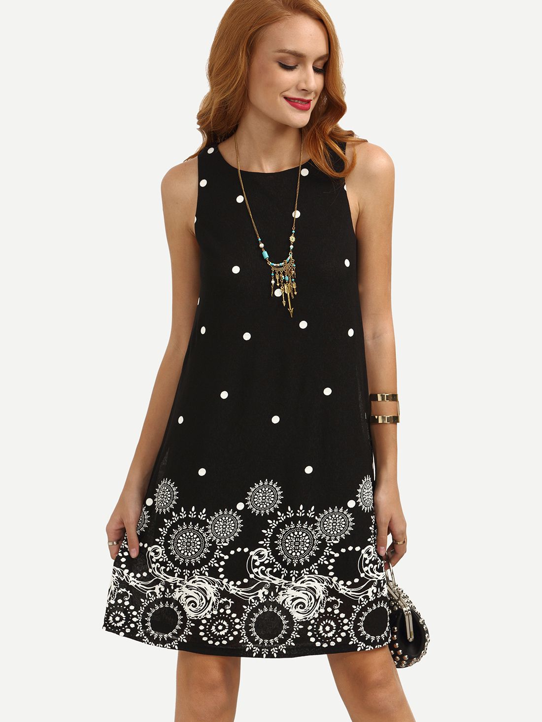 Black Polka Dot Print Sleeveless Shift Dress