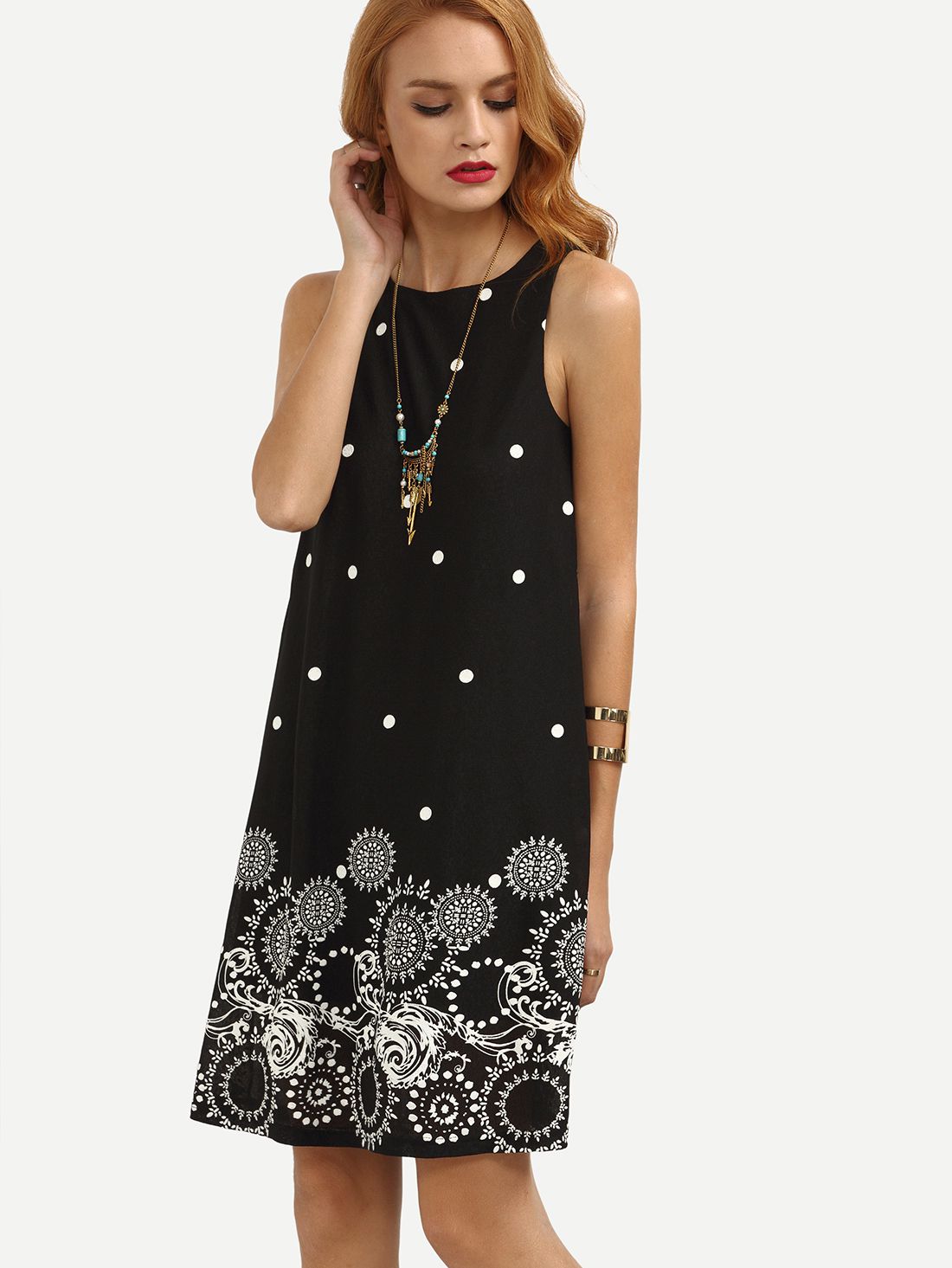 Black Polka Dot Print Sleeveless Shift Dress