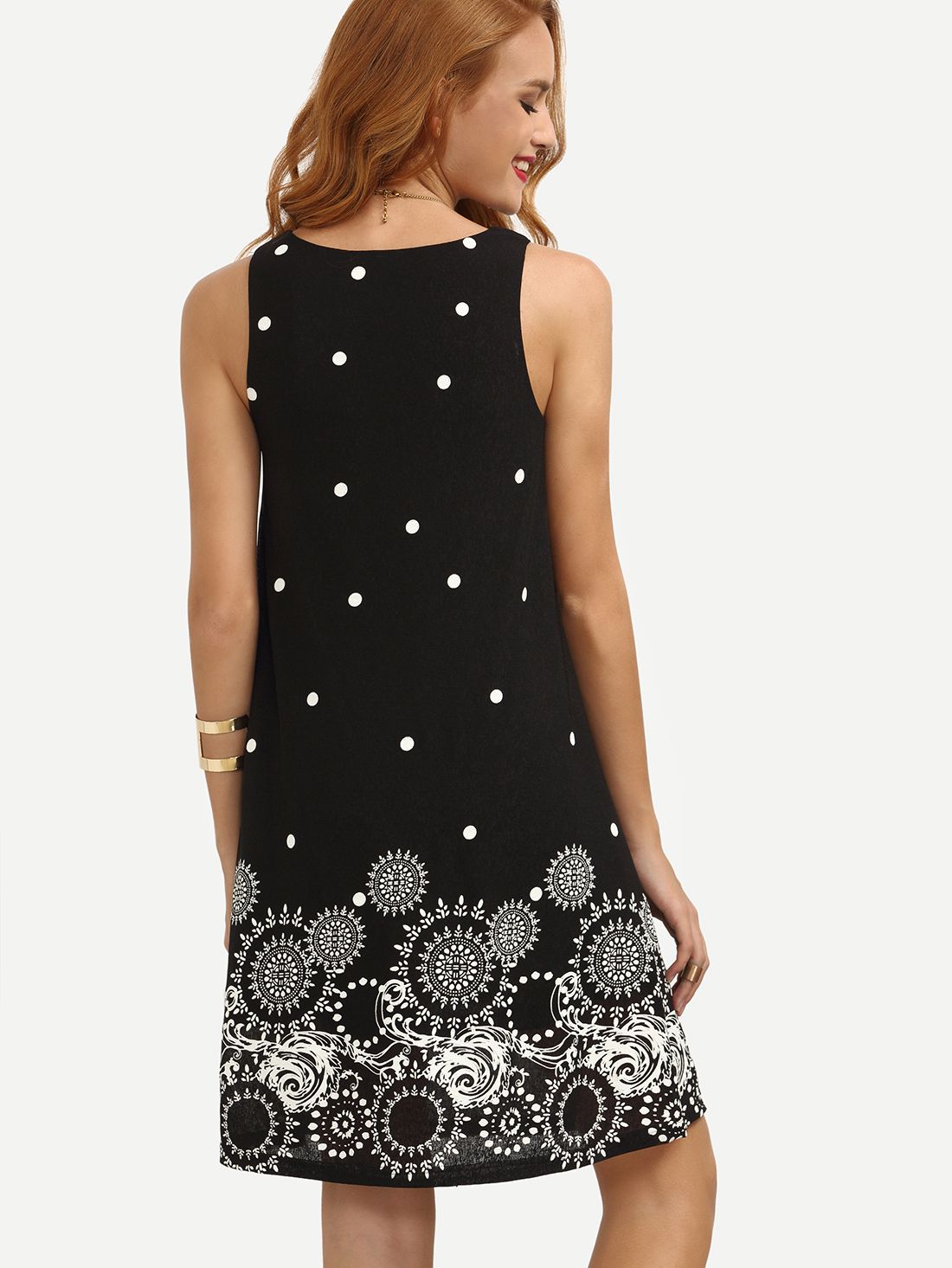 Black Polka Dot Print Sleeveless Shift Dress