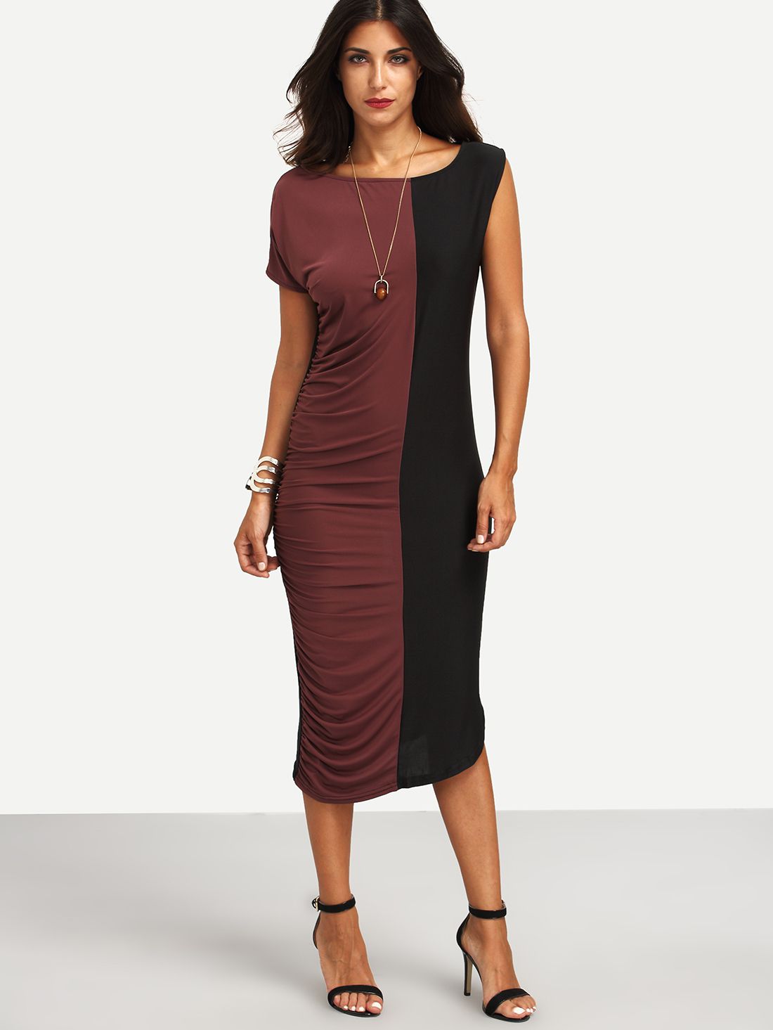 Color Block Ruched Asymmetric Sleeve Dress