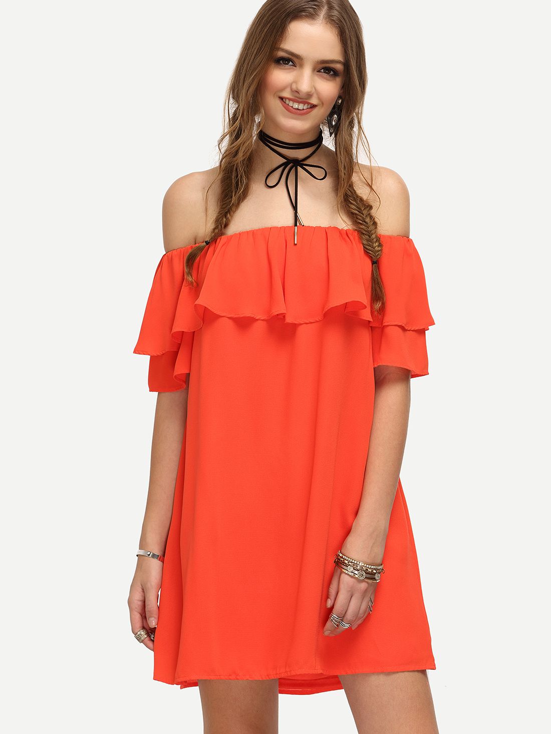 Red Off The Shoulder Ruffle Shift Dress