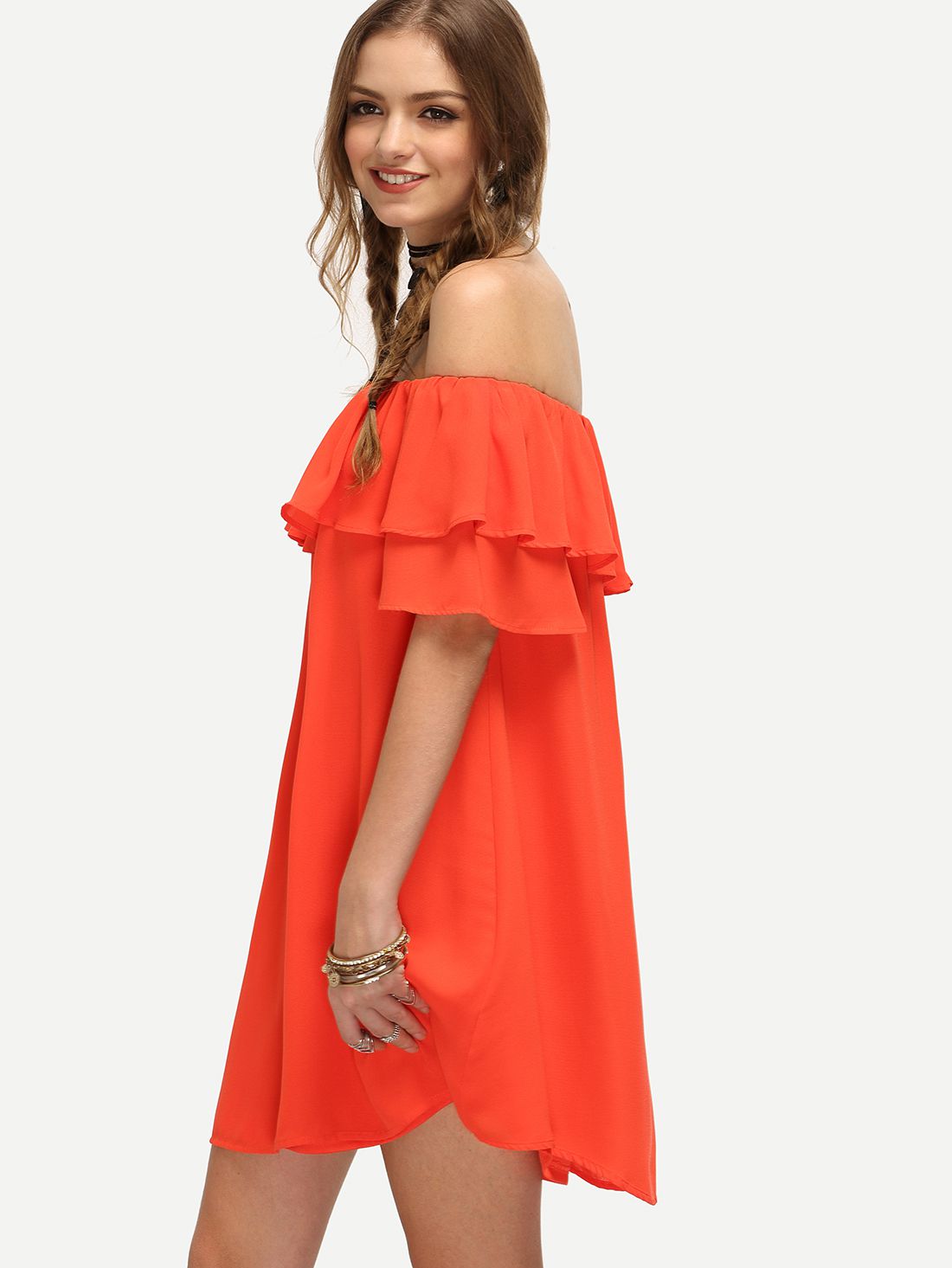 Red Off The Shoulder Ruffle Shift Dress