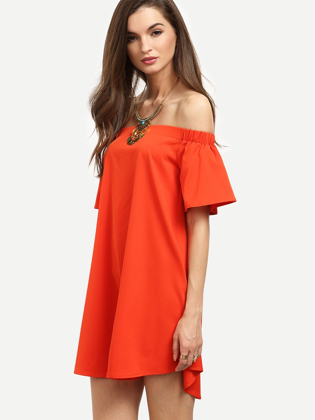 Red Ruffle Off The Shoulder Shift Dress