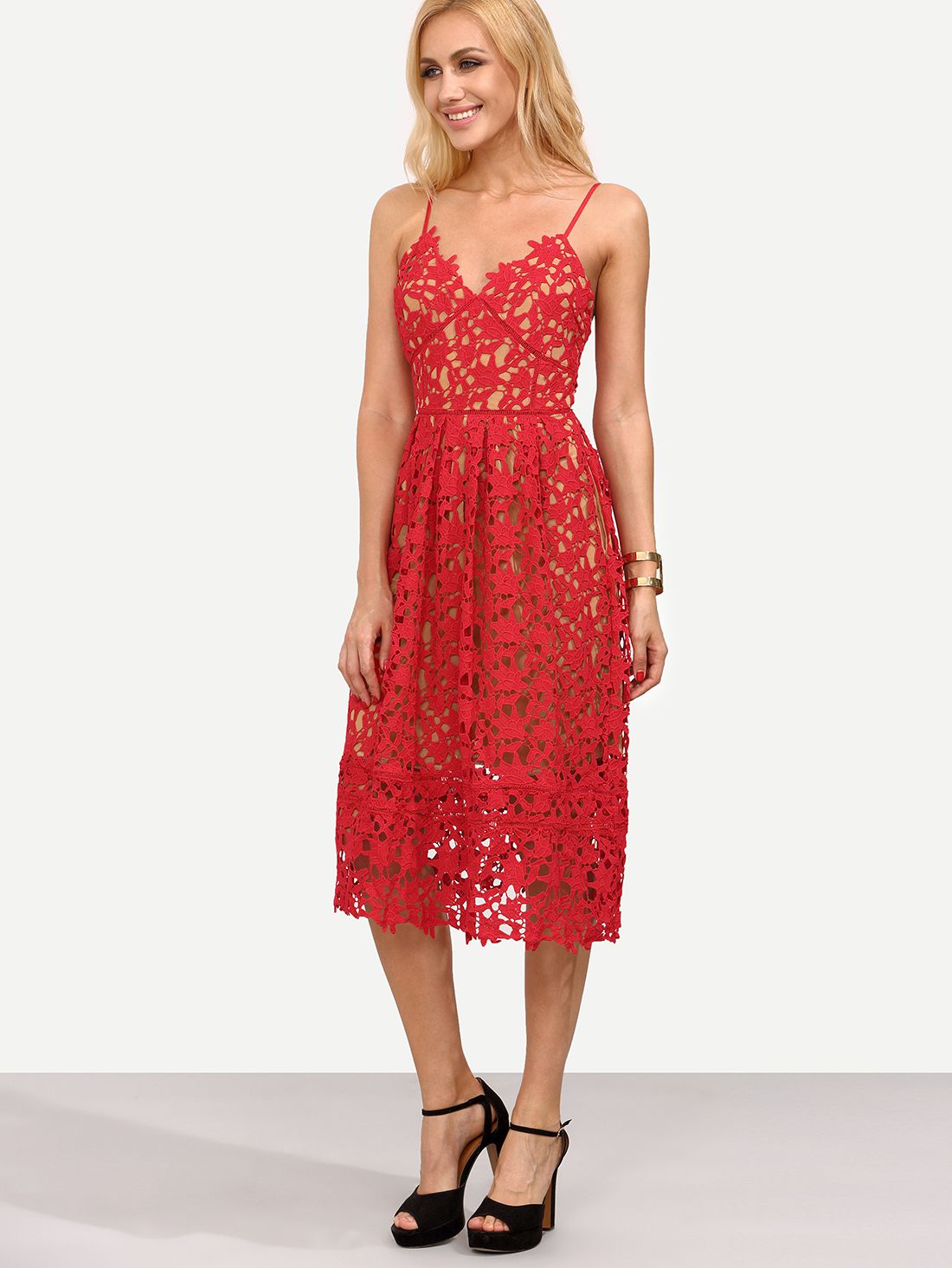 Red Hollow Out Fit & Flare Lace Cami Dress